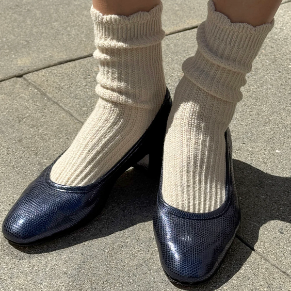 Le Bon Shoppe Linen Scallop Socks - Naturel on model with shoes