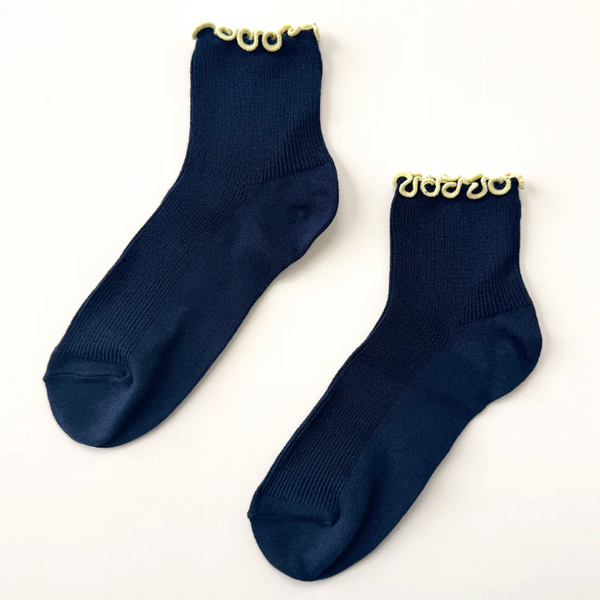 Le Bon Shoppe The Petite Ruffled Modal Socks - Navy / Butter