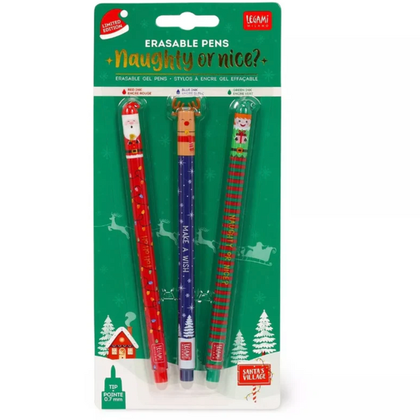A set of 3 erasable gel pens with Christmas-themed designs, including red, blue, and green colors, packaged in a green card with festive illustrations.