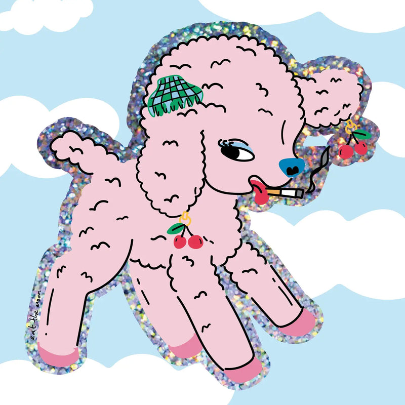 A pink poodle-shaped sticker or patch with a glittery multicolor border, wearing a green plaid hat and holding cherries, set against a light blue sky with white clouds.