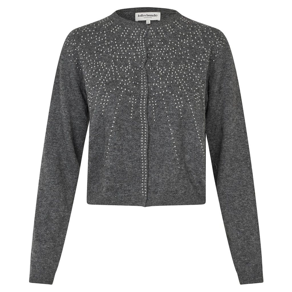 A dark gray cropped cardigan sweater with long sleeves and a crew neck, featuring a decorative pattern of small silver rhinestones on the chest and down the front center, displayed on a clean white background.