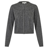 A dark gray cropped cardigan sweater with long sleeves and a crew neck, featuring a decorative pattern of small silver rhinestones on the chest and down the front center, displayed on a clean white background.