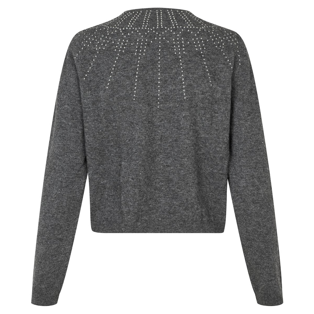 A dark gray knit sweater shown from the back, featuring a crew neck and delicate silver rhinestone embellishments arranged in a radial pattern across the upper back.