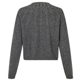 A dark gray knit sweater shown from the back, featuring a crew neck and delicate silver rhinestone embellishments arranged in a radial pattern across the upper back.