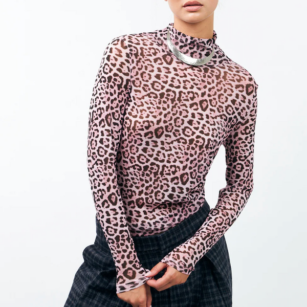 Lollys Laundry OrieLL High Neck Blouse - Pink Leopard - a pink leopard print long-sleeve top