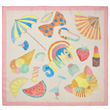 A small square scarf with a white and pink border featuring a summer-themed print with ice cream, fruits, and beach umbrella.