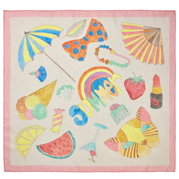 A small square scarf with a white and pink border featuring a summer-themed print with ice cream, fruits, and beach umbrella.