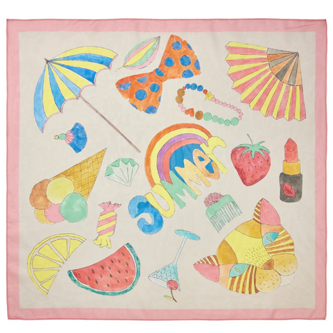 A small square scarf with a white and pink border featuring a summer-themed print with ice cream, fruits, and beach umbrella.