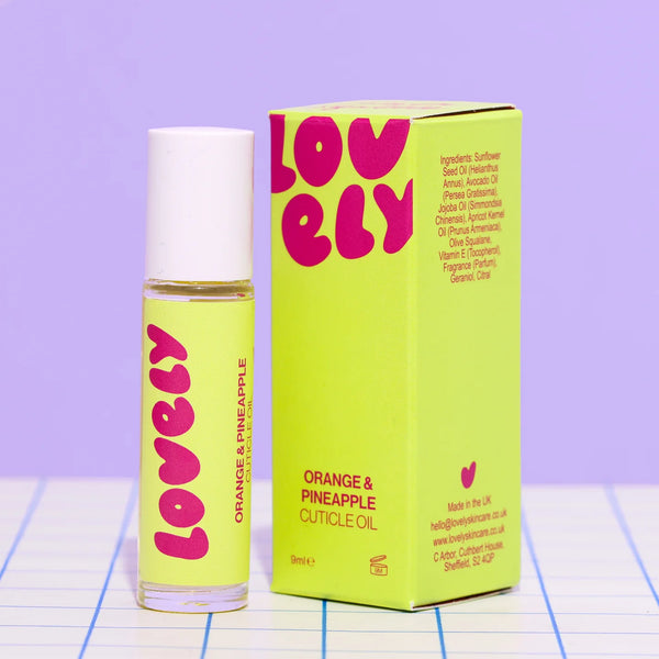 Lovely brand cuticle oil bottle and packaging on a purple background