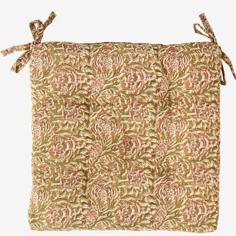 Madam Stoltz - Printed Cotton Chair Pad - Honey, Rose, Green, Off White