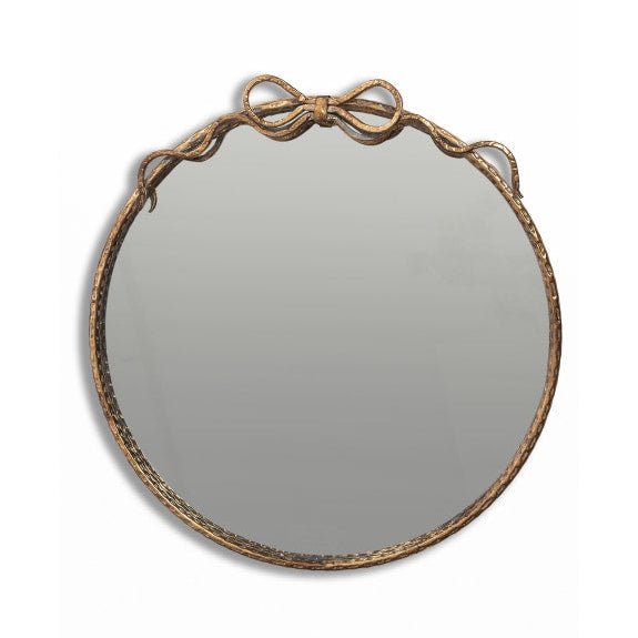 Medium Round Gold Hammered Metal Wall Mirror with Bow
