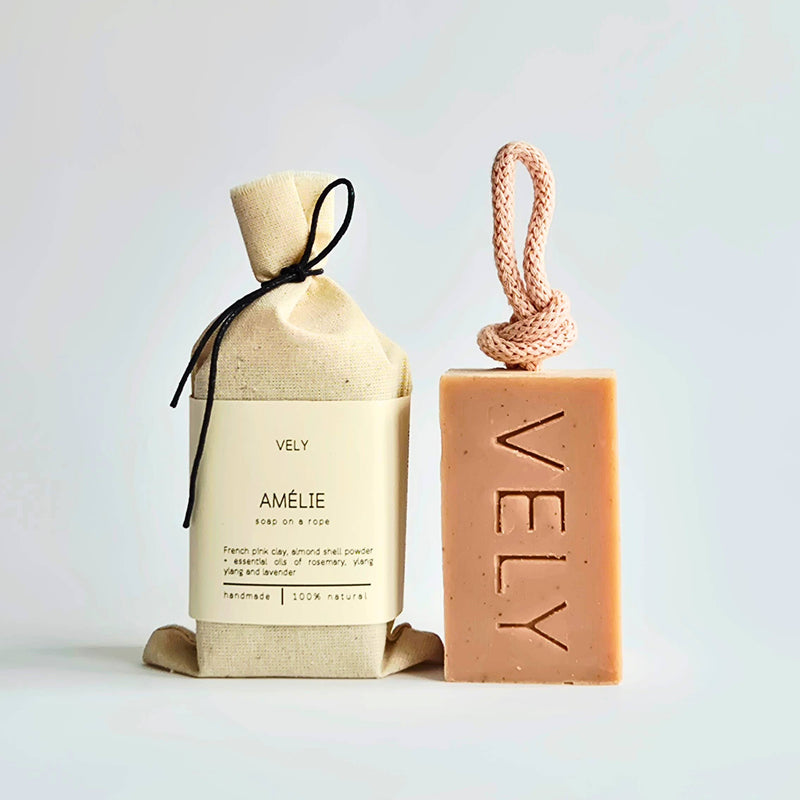 Natural Handmade Soap On A Rope With Pink Clay  "Amélie"