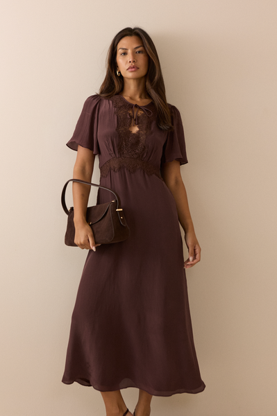 Nobody's Child Brown Lace Trim Wynne Midi Dress Front View