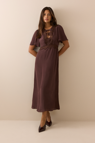 Nobody's Child Brown Lace Trim Wynne Midi Dress Front
