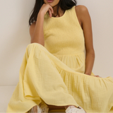 Nobody's Child Butter Yellow Sleeveless Charlie Midi Dress Seated