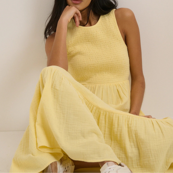 Nobody's Child Butter Yellow Sleeveless Charlie Midi Dress Seated
