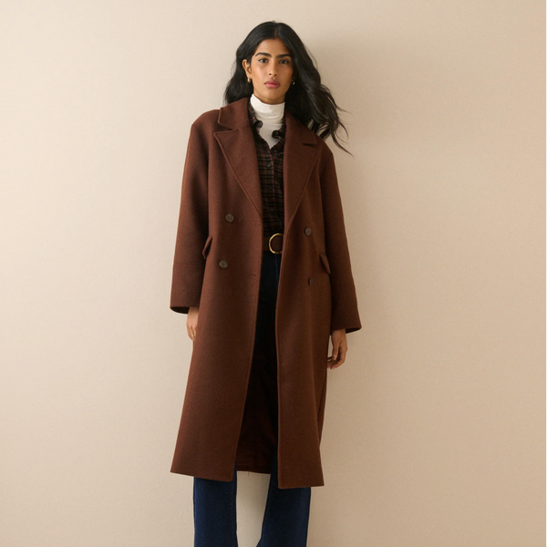 Nobody's Child Byoma Relaxed Double Breasted Long Coat, dark brown 