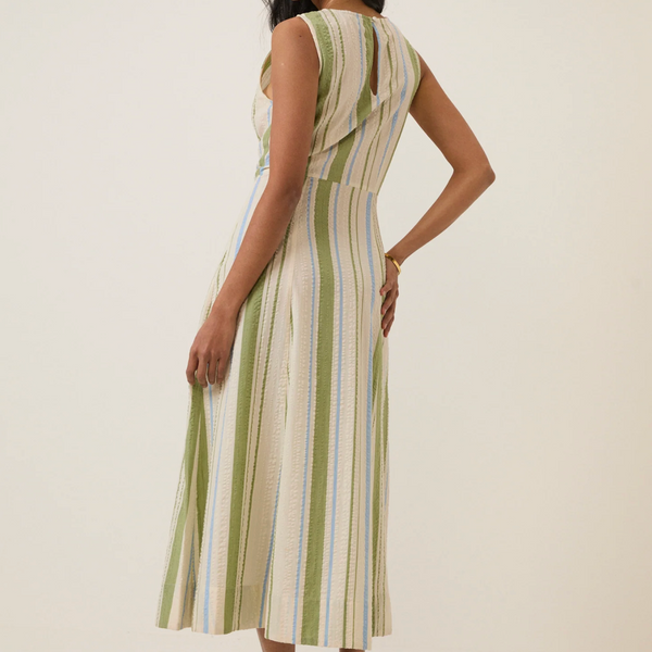 Nobody's Child Cedar Midi Dress - Green & Blue Striped (Back)
