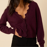 Nobody's Child Crochet Trim V-Neck Cardigan - Burgundy 