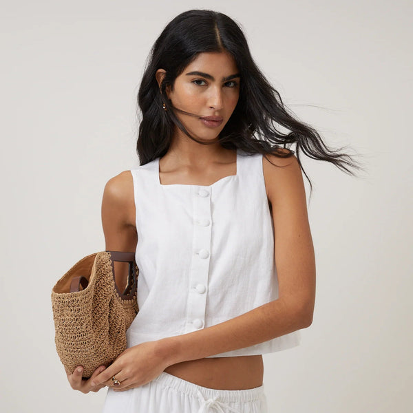 Nobody's Child Green Sammie White Linen-Blend Button Front Top