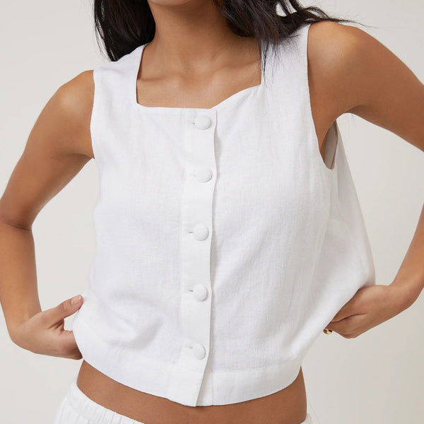 Nobody's Child Green Sammie White Linen-Blend Button Front Top