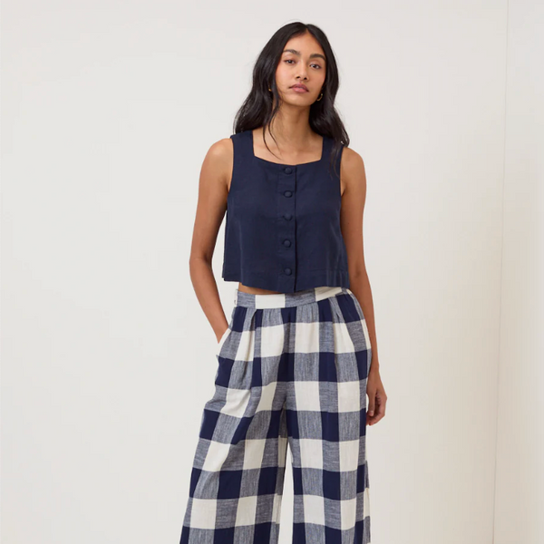 Nobody's Child Sammie Navy Blue Linen-Blend Button Front Top