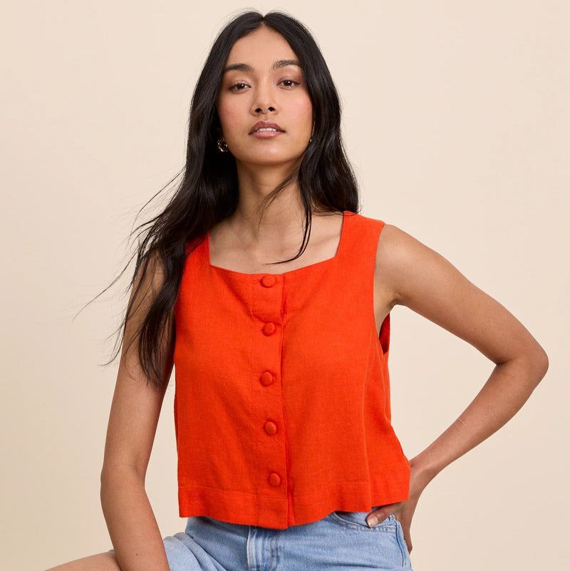Nobody's Child Sammie Orange Linen-Blend Button Front Top