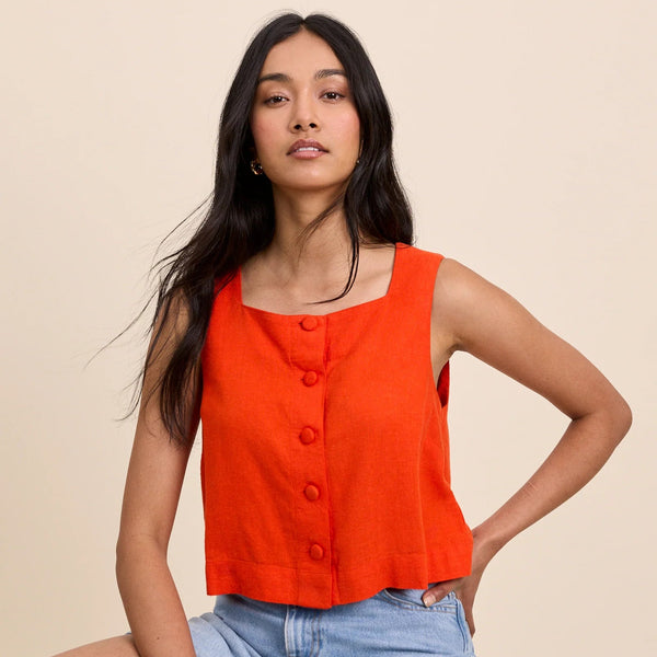 Nobody's Child Sammie Orange Linen-Blend Button Front Top