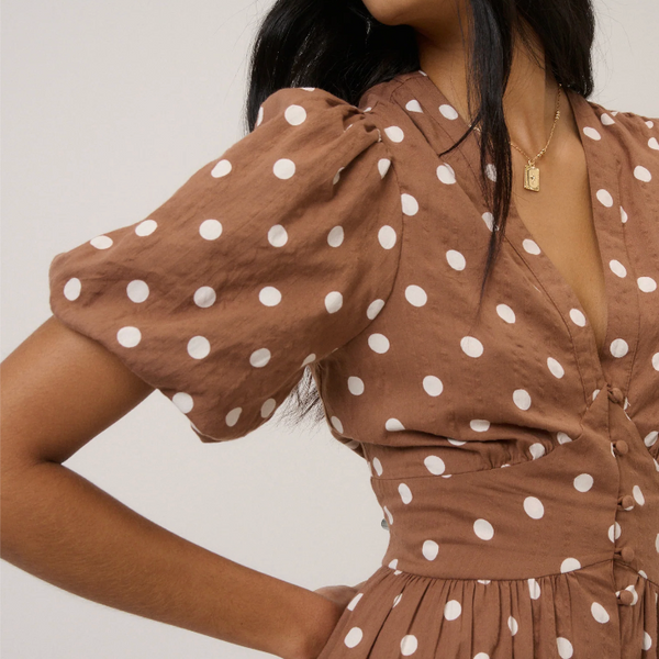 Nobody's Child Starlight Midi Dress - Brown Polka Dot (Close up)