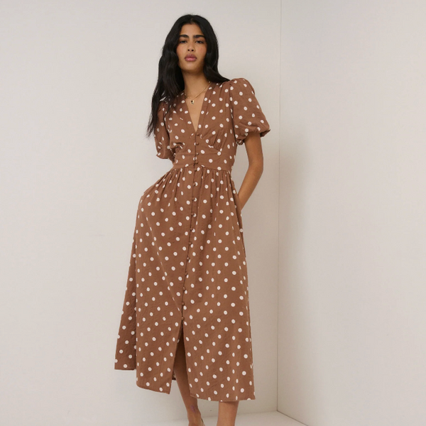Nobody's Child Starlight Midi Dress - Brown Polka Dot