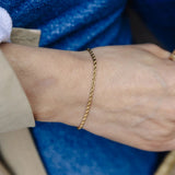 A close-up of a person's wrist wearing a delicate gold chain bracelet, styled with a beige jacket and blue denim jeans.