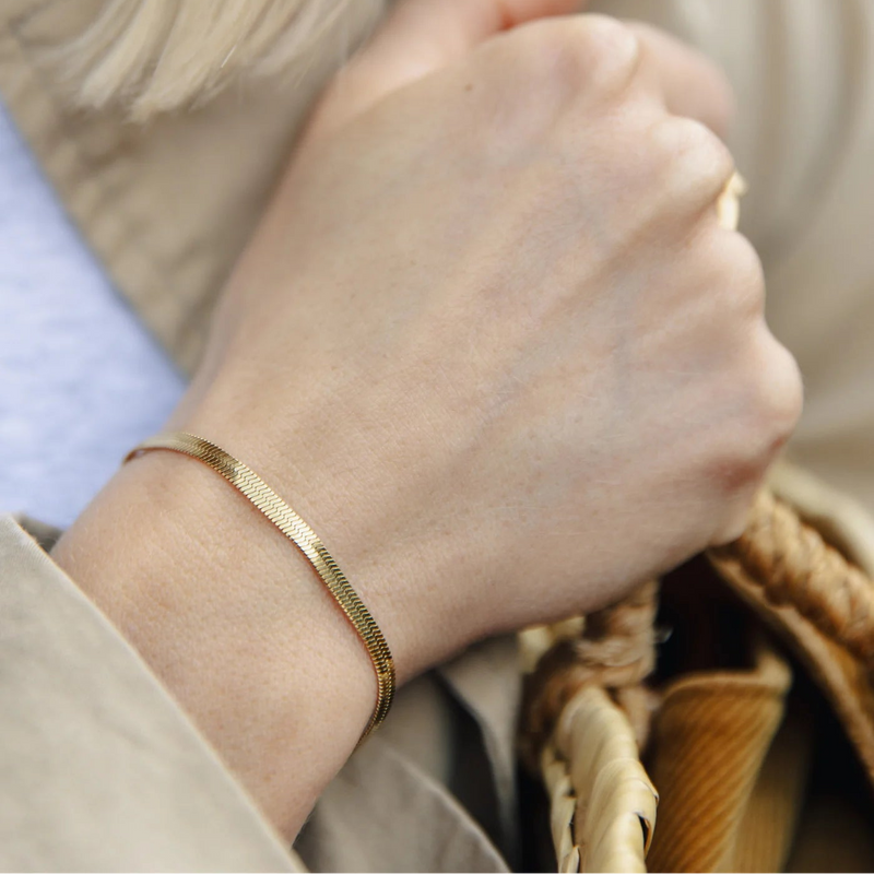 A close-up of a person's hand wearing a thin, textured gold snake chain bracelet, dressed in a beige trench coat over a light blue top.