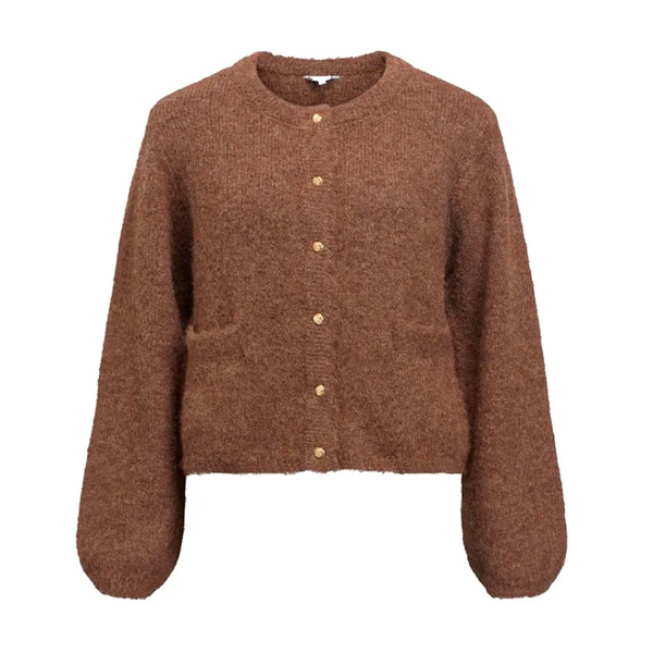 A brown fuzzy button-up cardigan sweater with long balloon sleeves and two front patch pockets, shown against a plain white background.