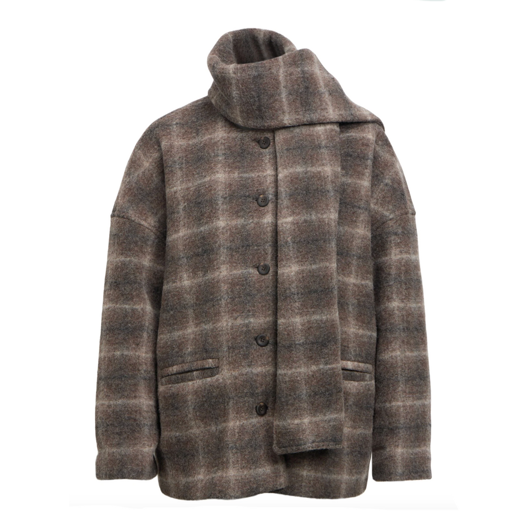  Object premium short wool-blend coat with detachable scarf in brown and grey check