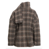 Object premium short wool-blend coat with detachable scarf in brown and grey check back