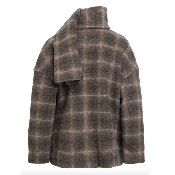 Object premium short wool-blend coat with detachable scarf in brown and grey check back