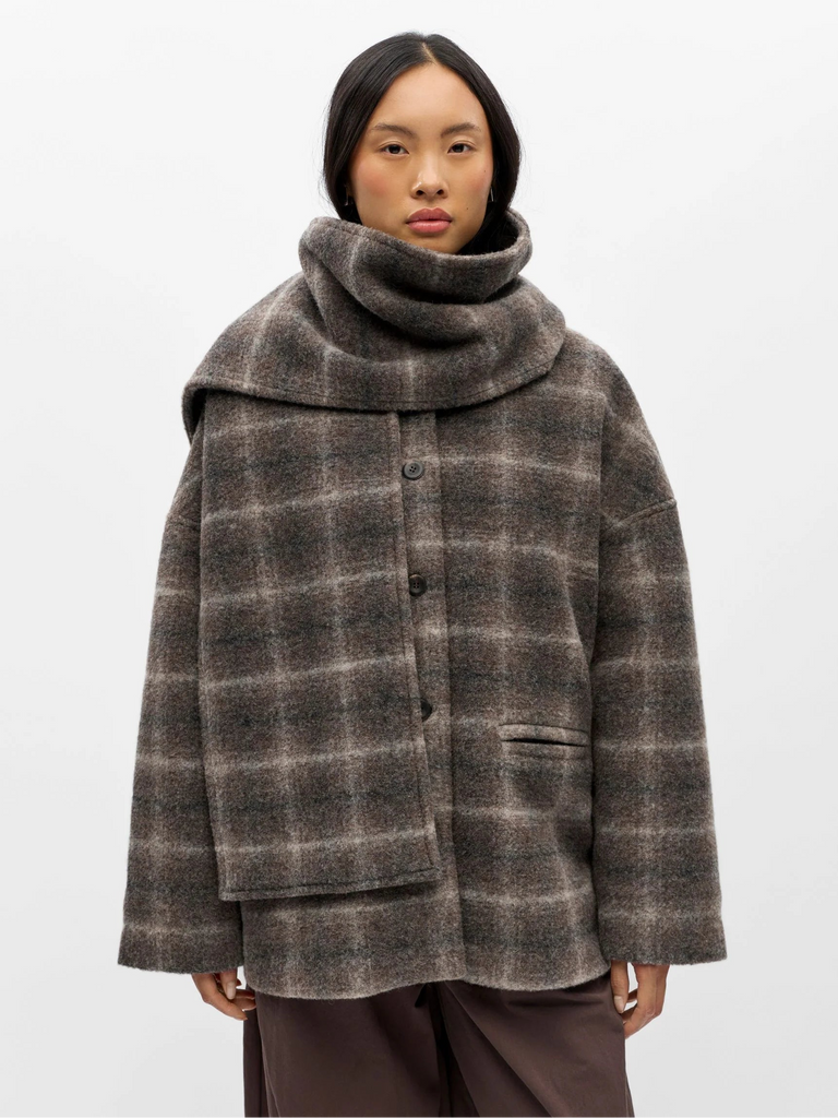  Object premium short wool-blend coat with detachable scarf in brown and grey check model