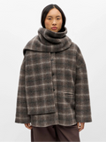  Object premium short wool-blend coat with detachable scarf in brown and grey check model