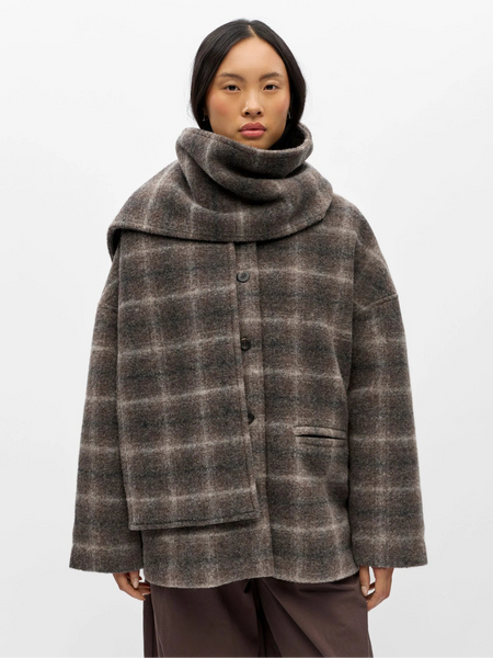  Object premium short wool-blend coat with detachable scarf in brown and grey check model