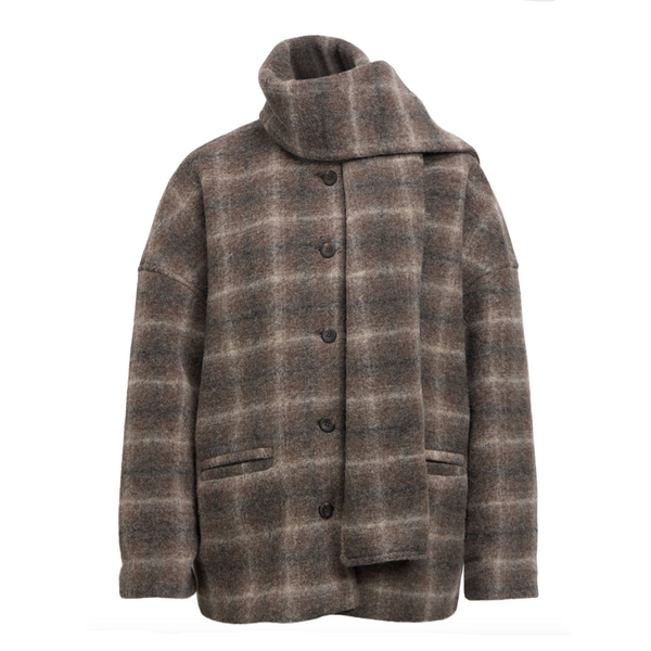  Object premium short wool-blend coat with detachable scarf in brown and grey check