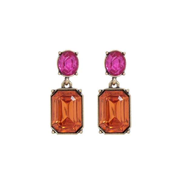 Pair of earrings with pink and orange gemstones on a white background