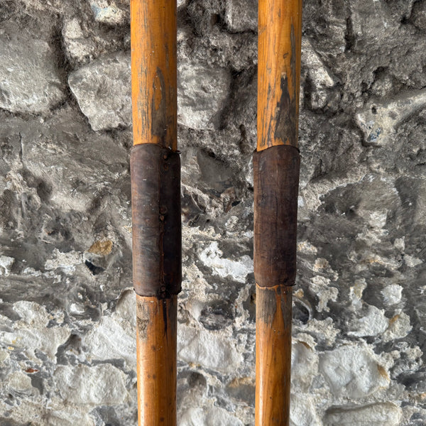 Pair of  Vintage Wooden Boat Oars 1.98  metres close up leather handles 