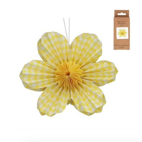 Yellow paper flower with a matching packaging box on a white background