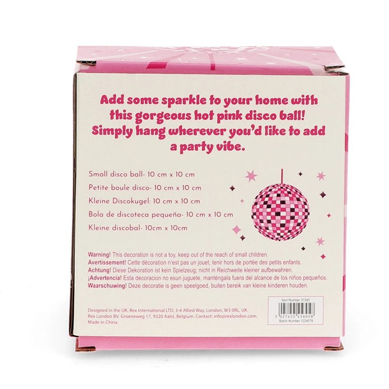Box packaging for a hot pink disco ball with text on a white background