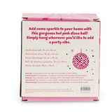 Box packaging for a hot pink disco ball with text on a white background