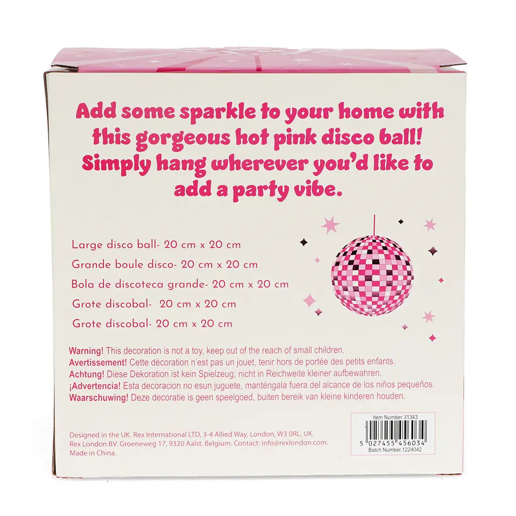Box packaging for a hot pink disco ball with text on a white background