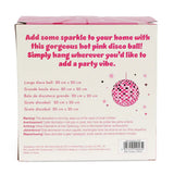 Box packaging for a hot pink disco ball with text on a white background