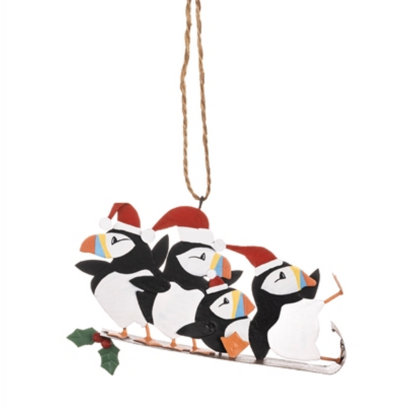Shoeless Joe Puffin Sled Ride Hanging Decoration