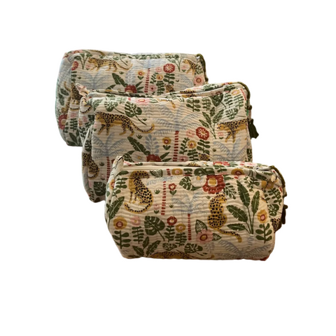 Quilted Wash Bag - Blue And Green Leopard Scene  