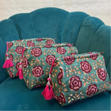 Quilted Wash Bag - Dust Green & Maroon Floral